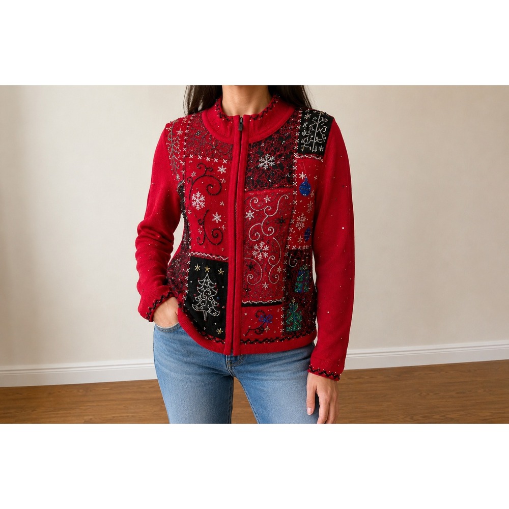 Vintage Erika Ugly Christmas Sweater Women Medium Zip Cardigan Bead Patchwork